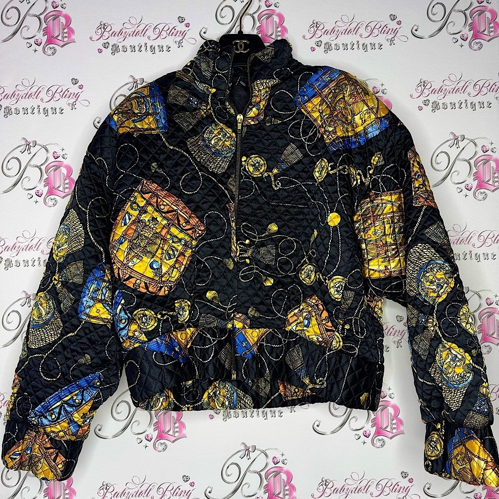 Italy jacket quilted shiny baroque pattern fall weather zip up vintage tassels